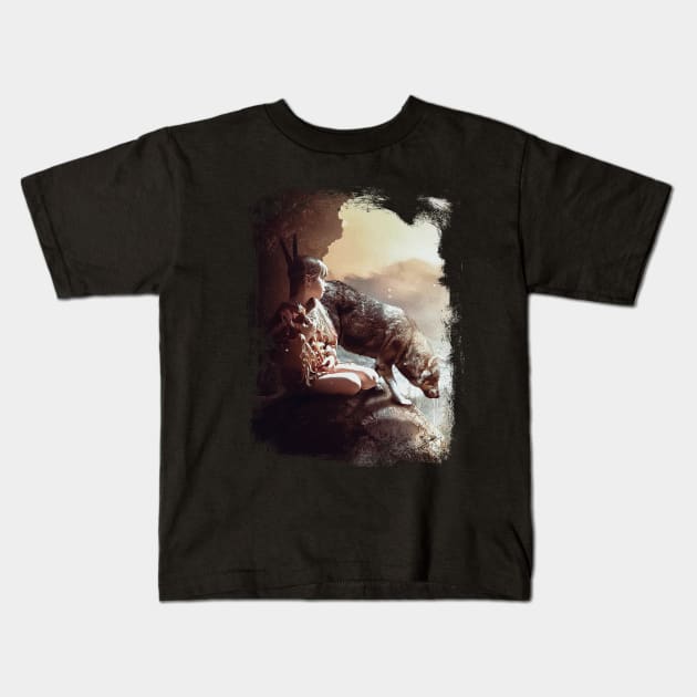 Native American Girl And Wolf Fantasy Scene Kids T-Shirt by AltrusianGrace